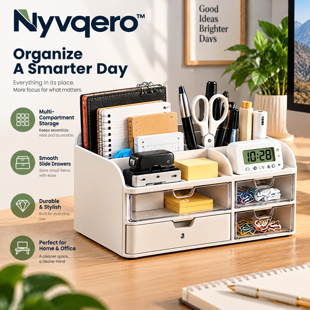 Nyvqero™ Multi-Compartment Desk Organizer – Modern Desktop Storage Caddy with Pen Holder for Office Supplies, Stationery & Home Workspaces