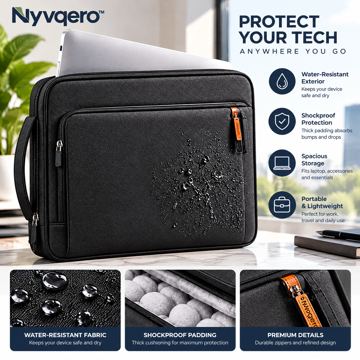 Nyvqero™ Protective Laptop Sleeve – Shock-Absorbing Padded Laptop Case with Water-Resistant Exterior for Work, Travel & Everyday Carry