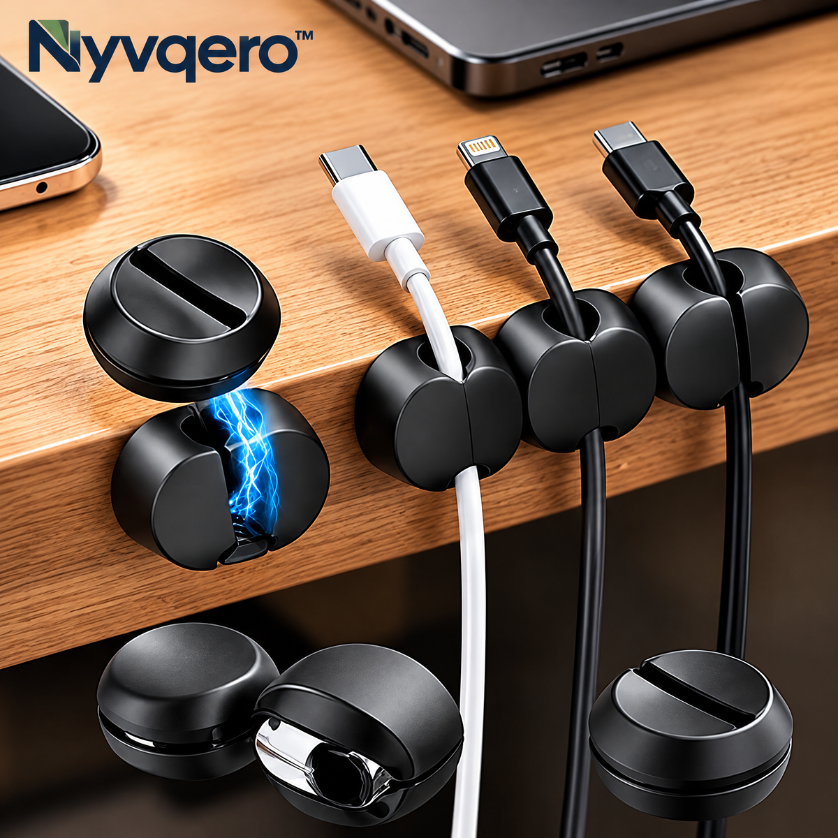 Nyvqero™ Magnetic & Silicone Cable Organizer – Desktop Cord Management Clips for Charging Cables, USB Wires & Office Setups