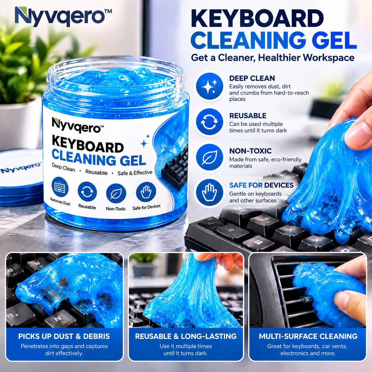 Nyvqero™ Reusable Keyboard Cleaning Gel – Flexible Dust Removal Putty for Keyboards, Computer Accessories & Hard-to-Reach Spaces