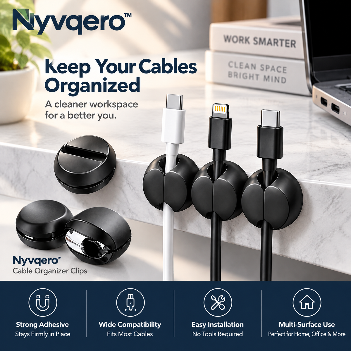 Nyvqero™ Magnetic & Silicone Cable Organizer – Desktop Cord Management Clips for Charging Cables, USB Wires & Office Setups