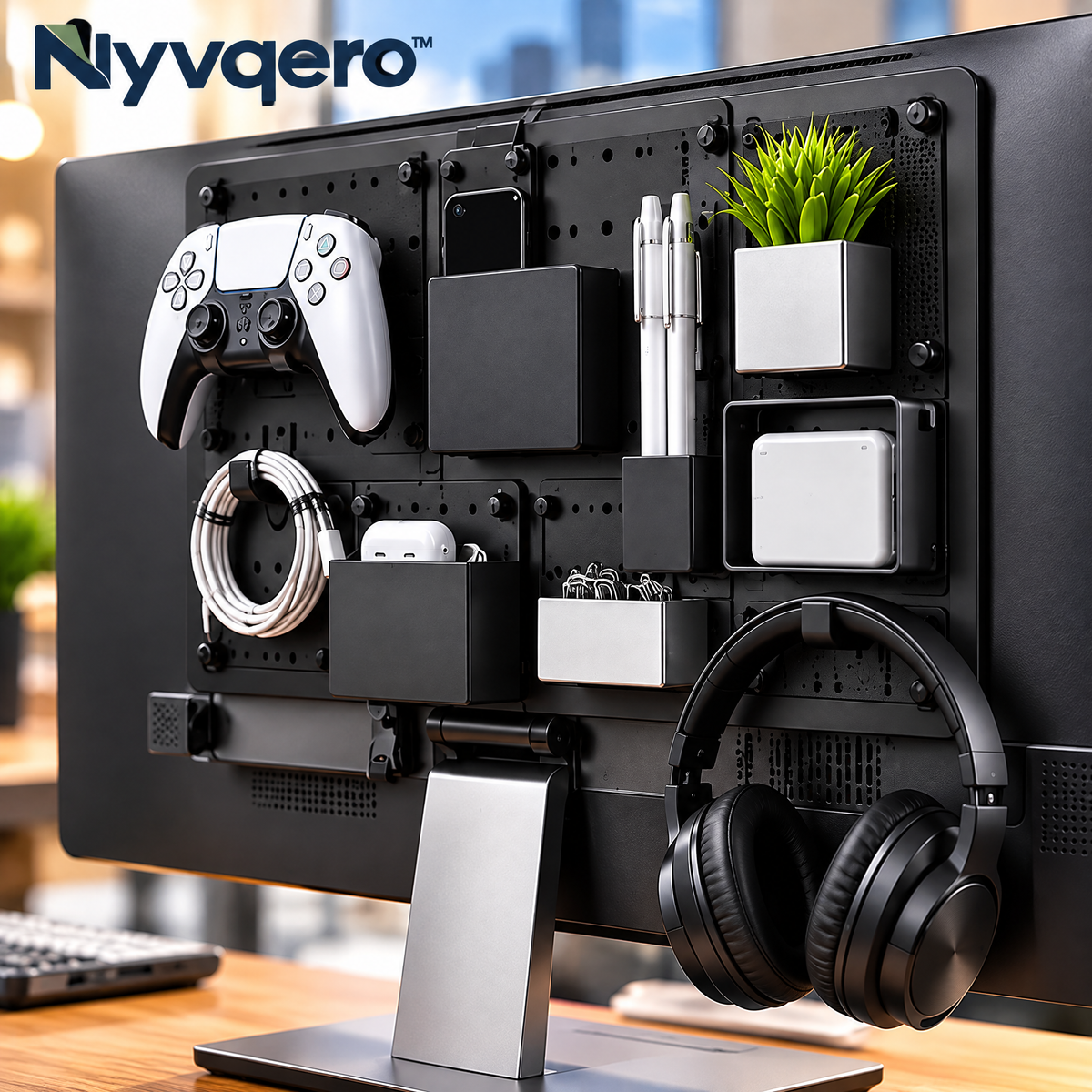 Nyvqero™ Monitor Back Storage Organizer – No-Drill Adhesive or Hanging Storage Panel for Office Accessories & Space-Saving Desk Organization