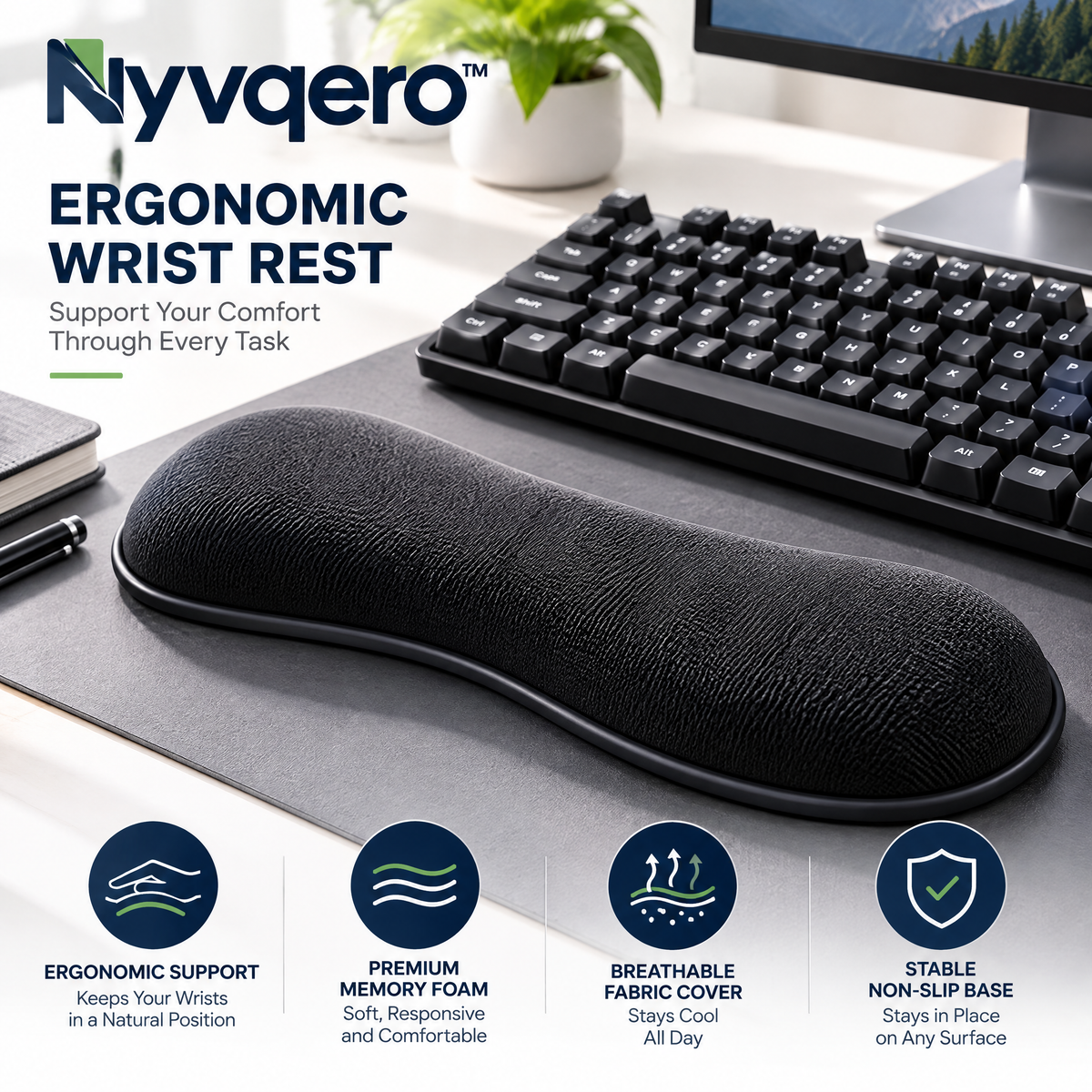 Nyvqero™ Ergonomic Keyboard Wrist Rest – Comfortable Memory Foam or Wooden Wrist Support for Typing, Gaming & Office Work