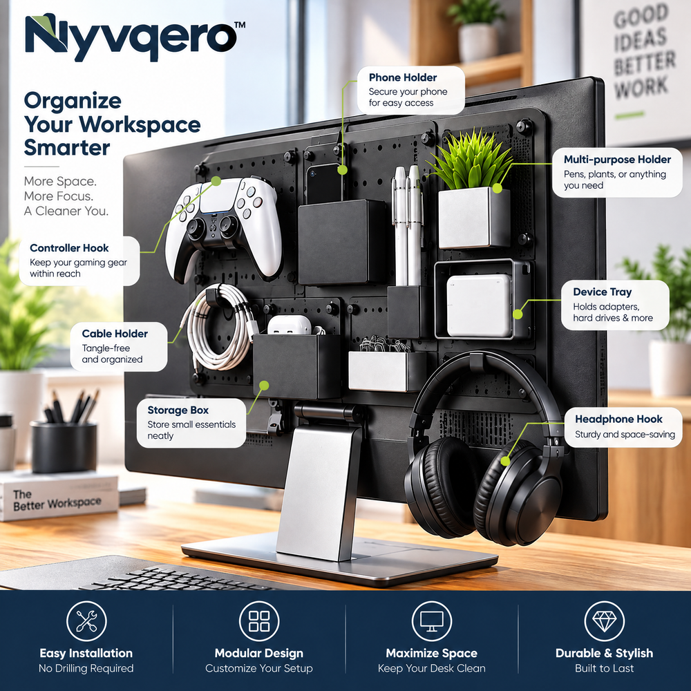 Nyvqero™ Monitor Back Storage Organizer – No-Drill Adhesive or Hanging Storage Panel for Office Accessories & Space-Saving Desk Organization