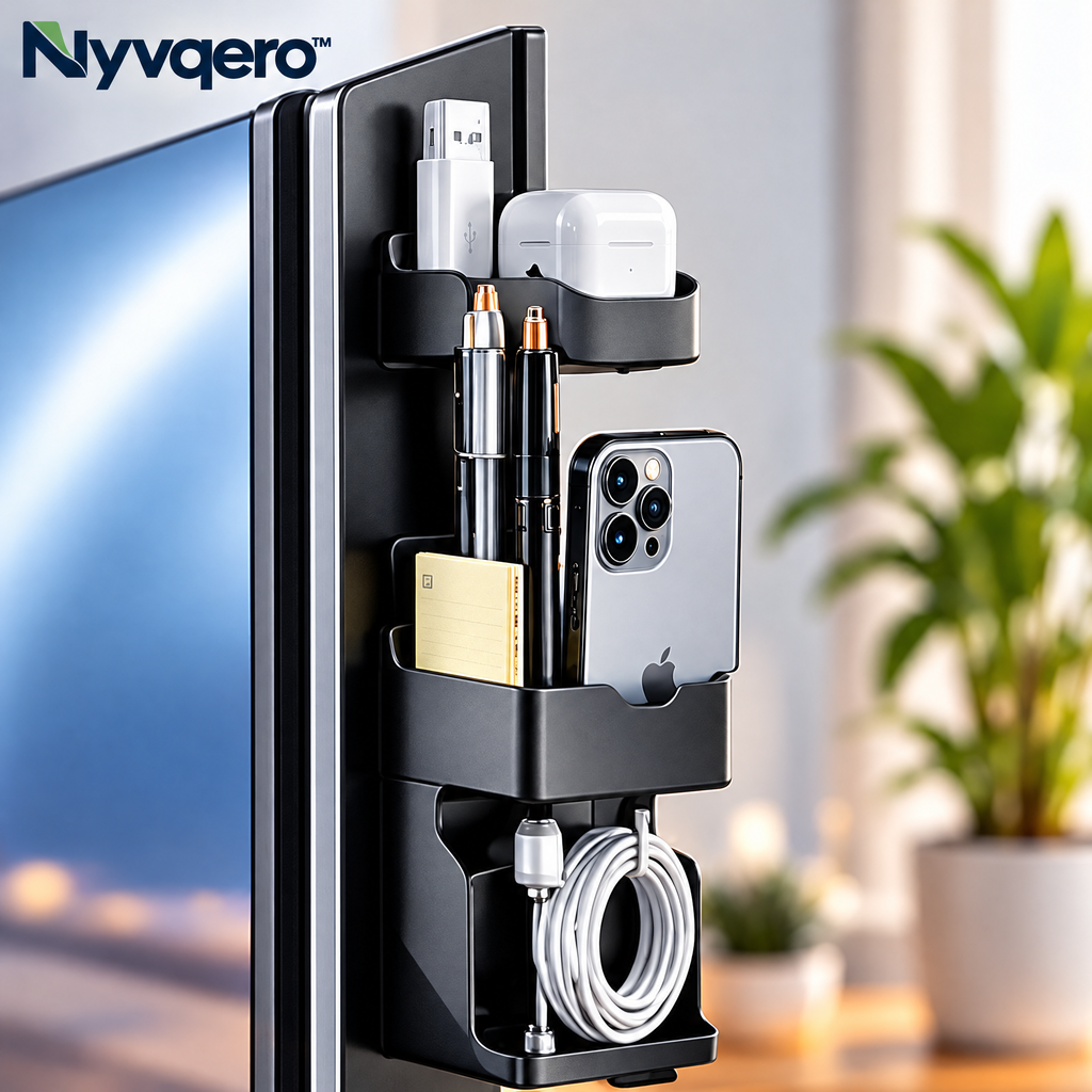 Nyvqero™ No-Drill Monitor Side Storage Shelf – Space-Saving Screen Organizer for Headphones, Office Accessories & Desk Essentials