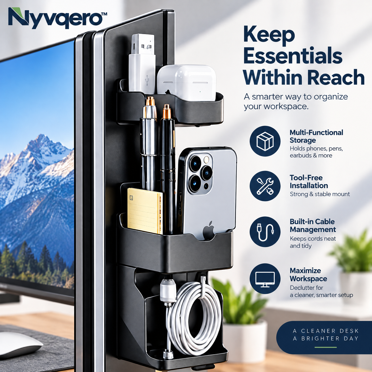 Nyvqero™ No-Drill Monitor Side Storage Shelf – Space-Saving Screen Organizer for Headphones, Office Accessories & Desk Essentials