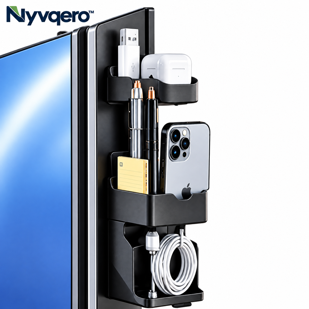 Nyvqero™ No-Drill Monitor Side Storage Shelf – Space-Saving Screen Organizer for Headphones, Office Accessories & Desk Essentials