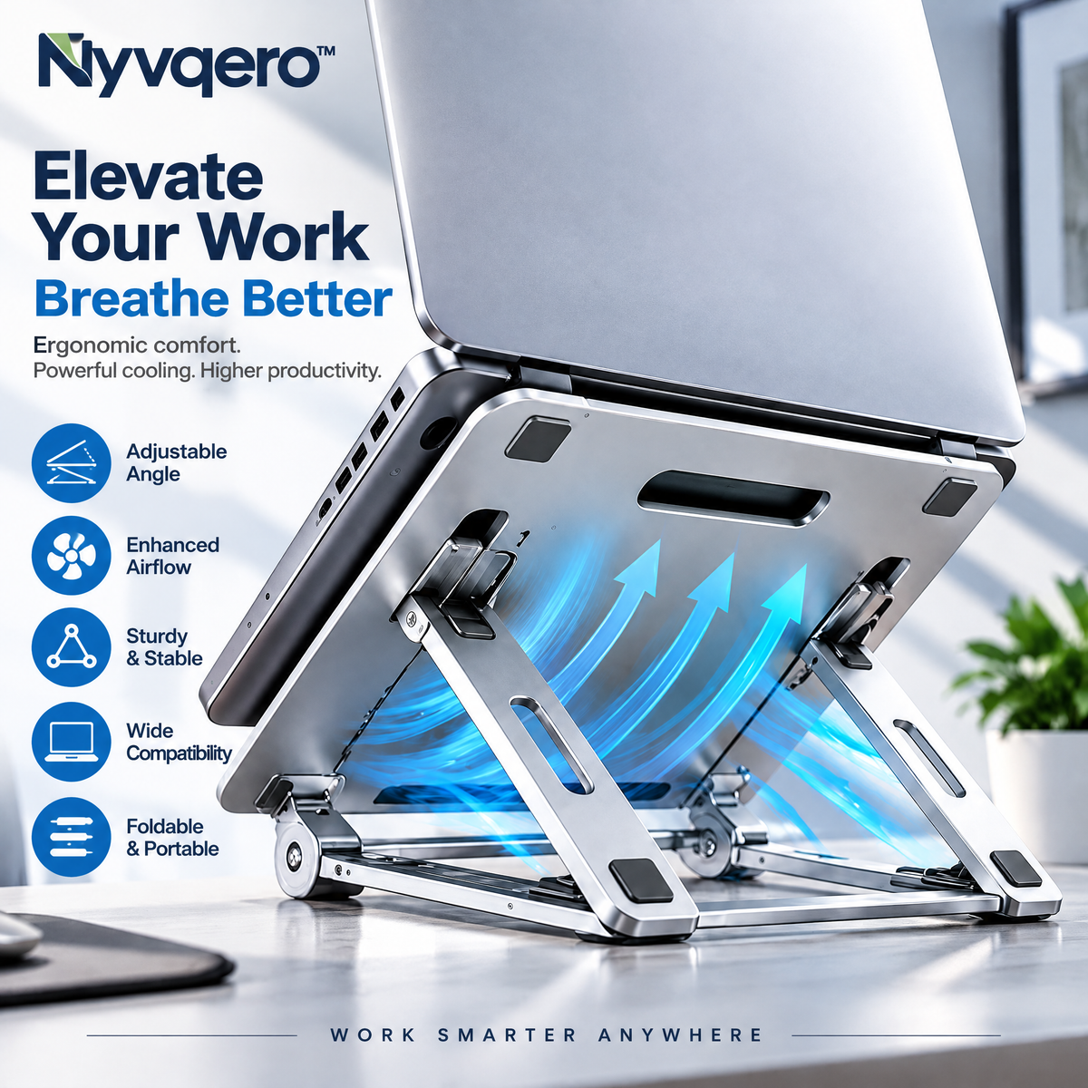Nyvqero™ Adjustable Aluminum Laptop Stand – Foldable Ergonomic Notebook Riser with Open-Air Cooling Design for Home & Office