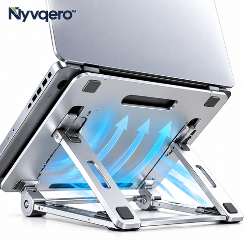 Nyvqero™ Adjustable Aluminum Laptop Stand – Foldable Ergonomic Notebook Riser with Open-Air Cooling Design for Home & Office