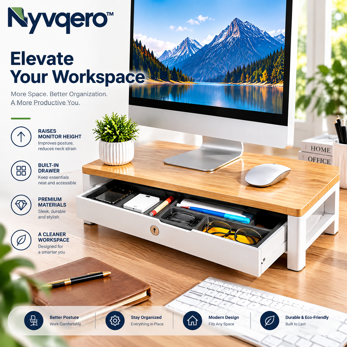 Nyvqero™ Desktop Monitor Riser with Storage Drawer – Ergonomic Screen Stand and Desk Organizer for Office, Gaming & Home Workspaces
