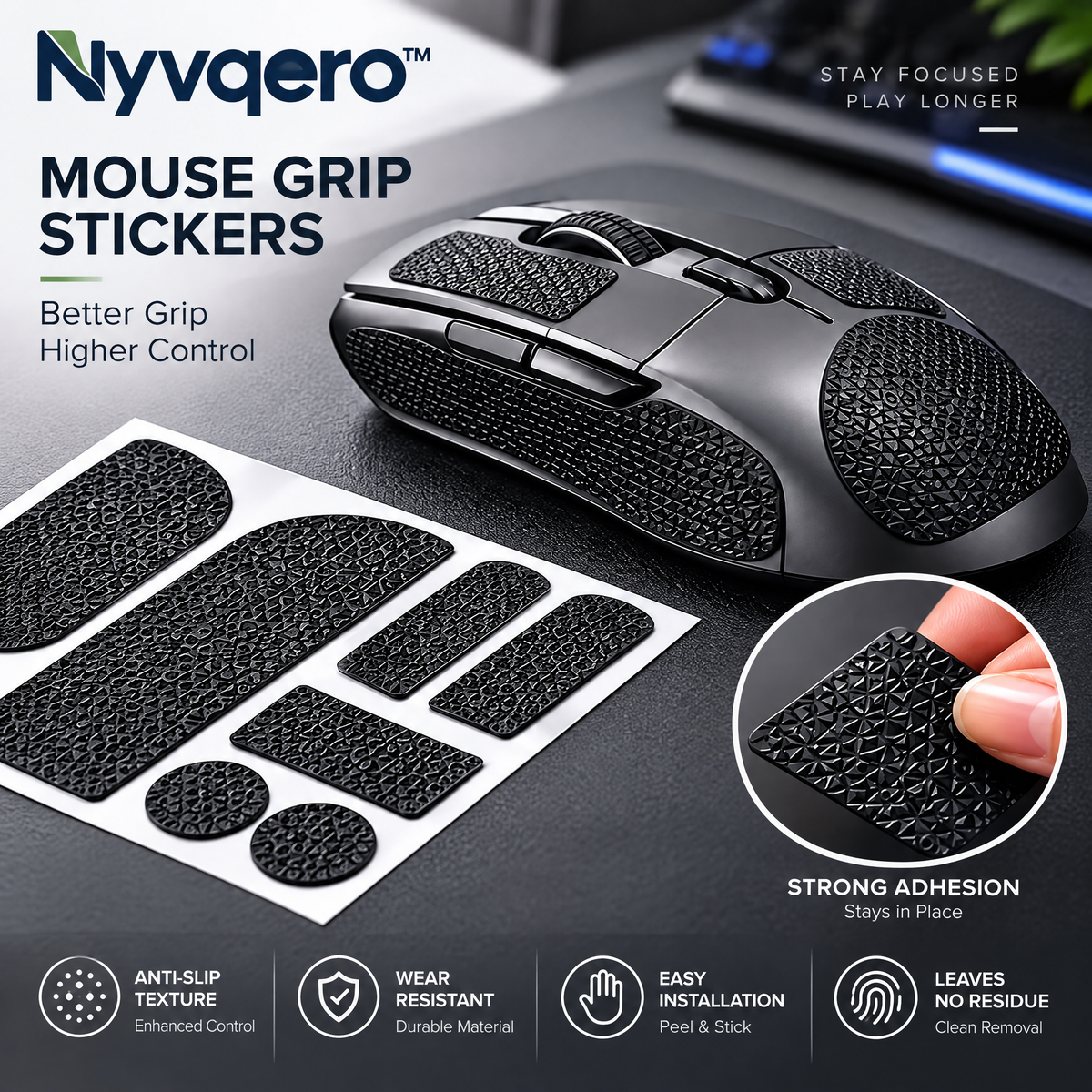 Nyvqero™ Universal Mouse Grip Tape – Cut-to-Fit Anti-Slip Mouse Stickers for Gaming, Office Work & Precision Mouse Control
