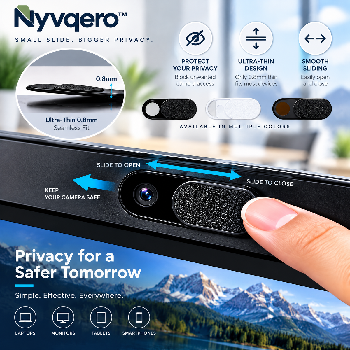 Nyvqero™ Ultra-Thin Sliding Webcam Cover – Adhesive Camera Privacy Shield for Compatible Laptops, Tablets & Desktop Webcams