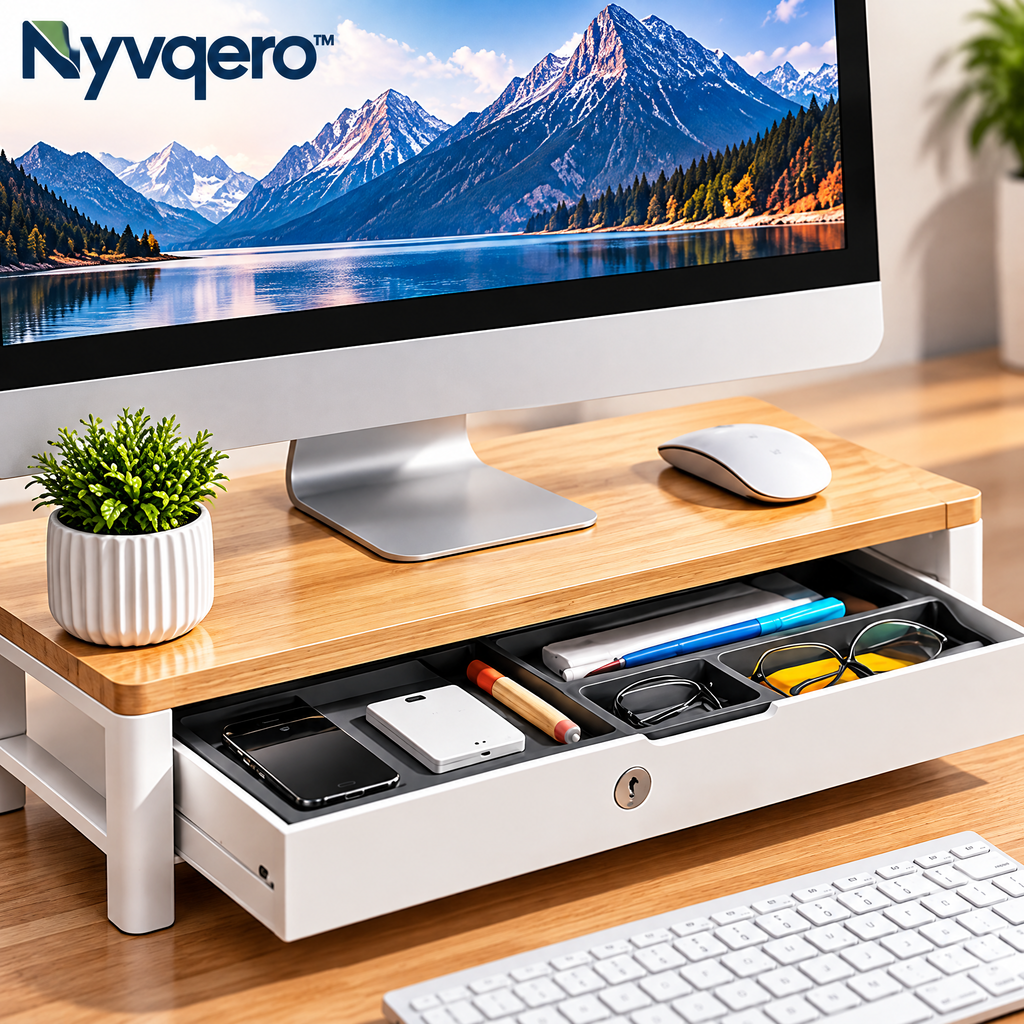Nyvqero™ Desktop Monitor Riser with Storage Drawer – Ergonomic Screen Stand and Desk Organizer for Office, Gaming & Home Workspaces