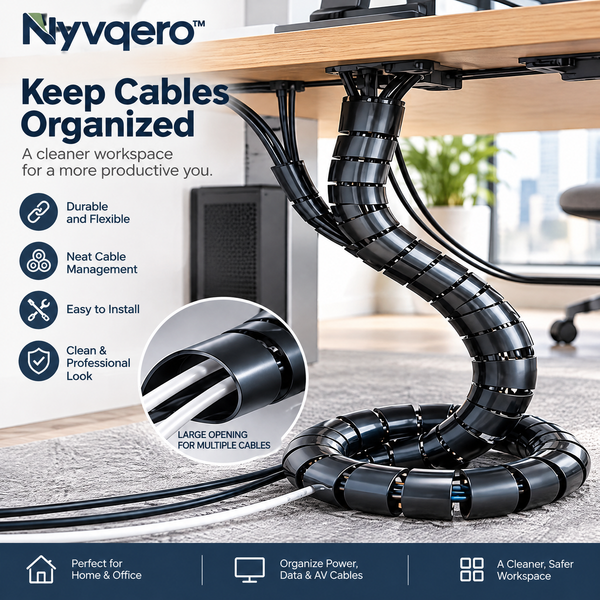 Nyvqero™ Flexible Cable Management Sleeve – Cut-to-Length Wire Organizer Tube for Computer Desks, TV Cables & Home Office Setups