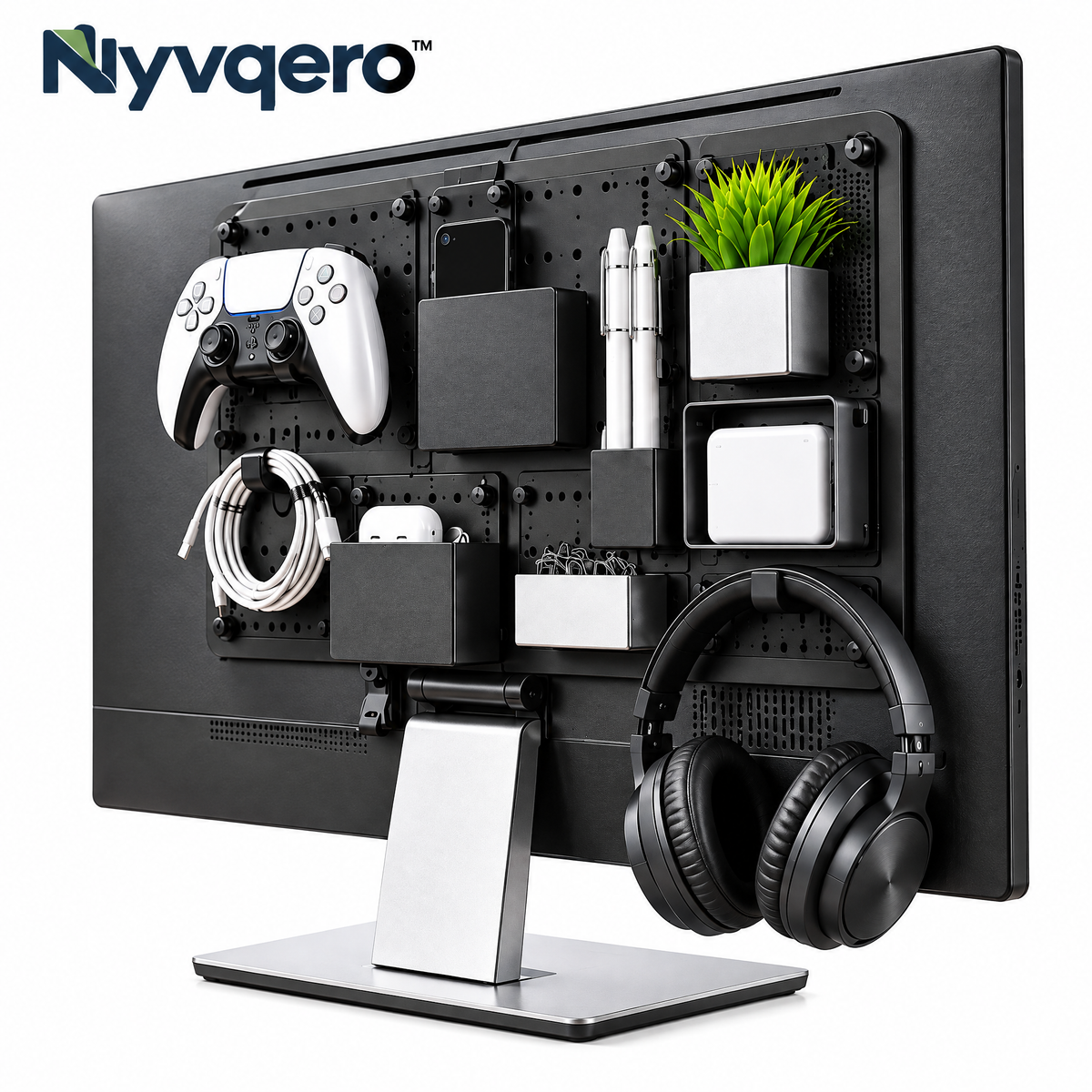 Nyvqero™ Monitor Back Storage Organizer – No-Drill Adhesive or Hanging Storage Panel for Office Accessories & Space-Saving Desk Organization