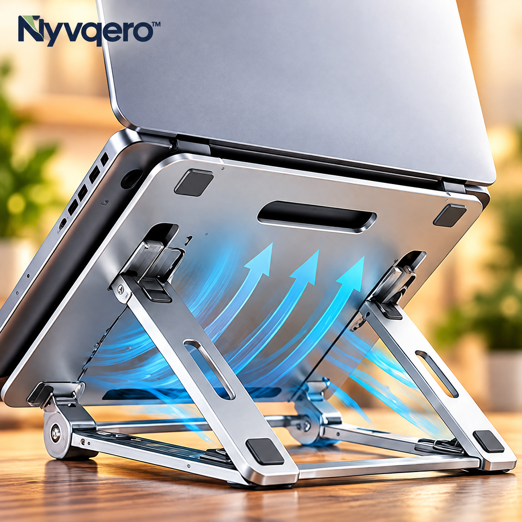 Nyvqero™ Adjustable Aluminum Laptop Stand – Foldable Ergonomic Notebook Riser with Open-Air Cooling Design for Home & Office